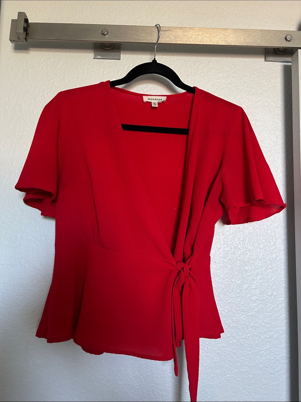 Red Wrap Tie-Detail Flutter Sleeve Blouse